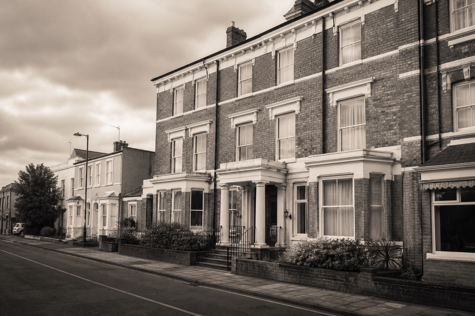 Illustration of a British hotel exterior on a quiet street